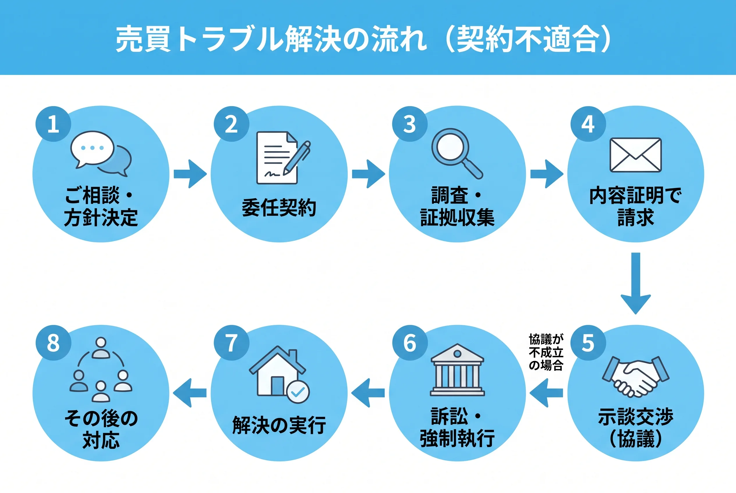 売買トラブル解決の流れ(契約不適合): 1ご相談・方針決定、2委任契約、3調査・証拠収集、4内容証明で請求、5示談交渉(協議)、6訴訟・強制執行(協議が不成立の場合)、7解決の実行、8その後の対応