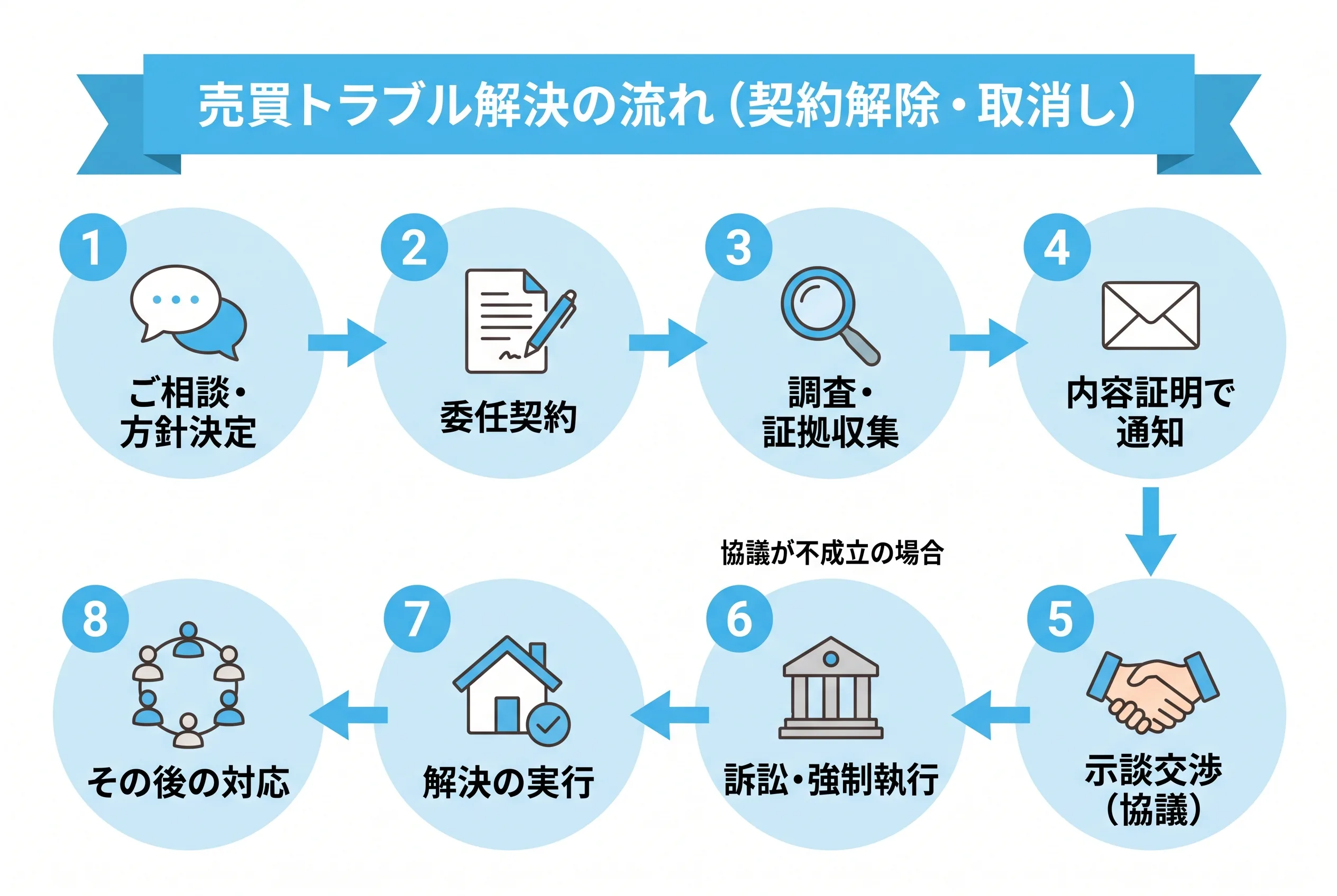 売買トラブル解決の流れ(契約解除・取消し): 1ご相談・方針決定、2委任契約、3調査・証拠収集、4内容証明で通知、5示談交渉(協議)、6訴訟・強制執行(協議が不成立の場合)、7解決の実行、8その後の対応